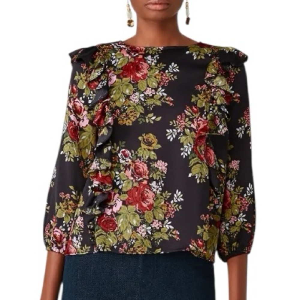 LIKELY Highland Black Floral  Rose Print Ruffle Blouse - M